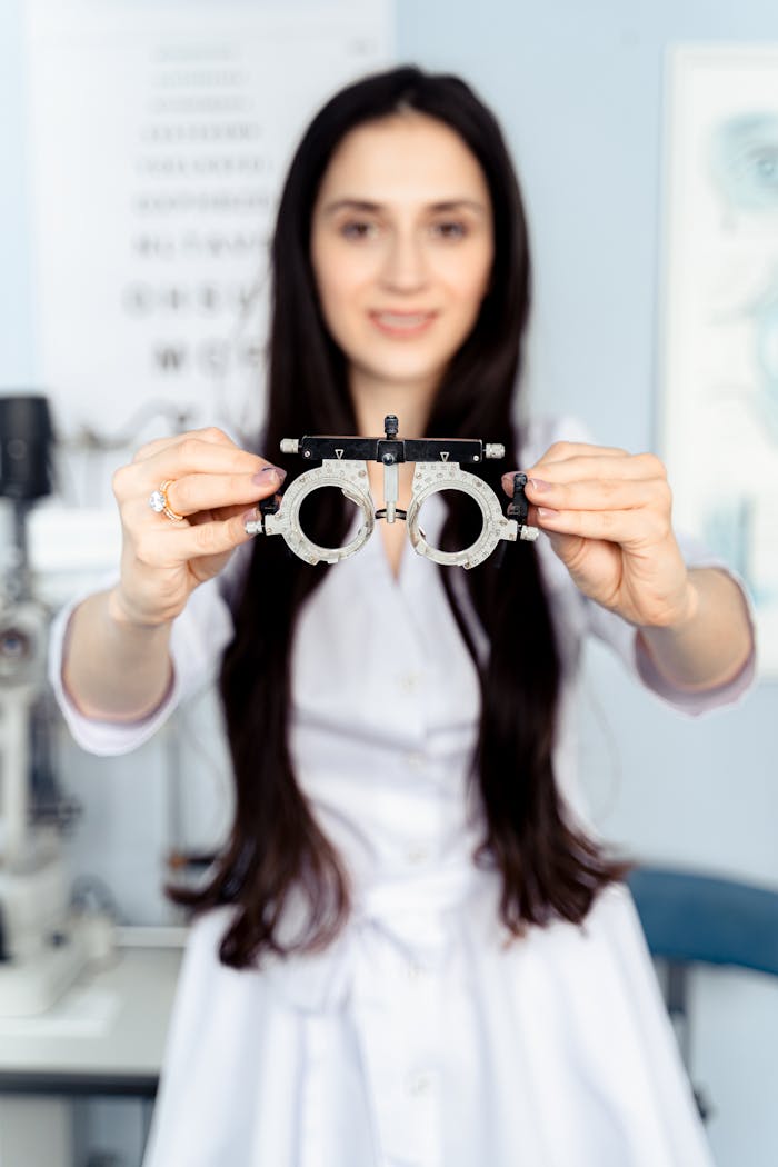 A female optometrist presenting a trial lens frame during an eye examination session.