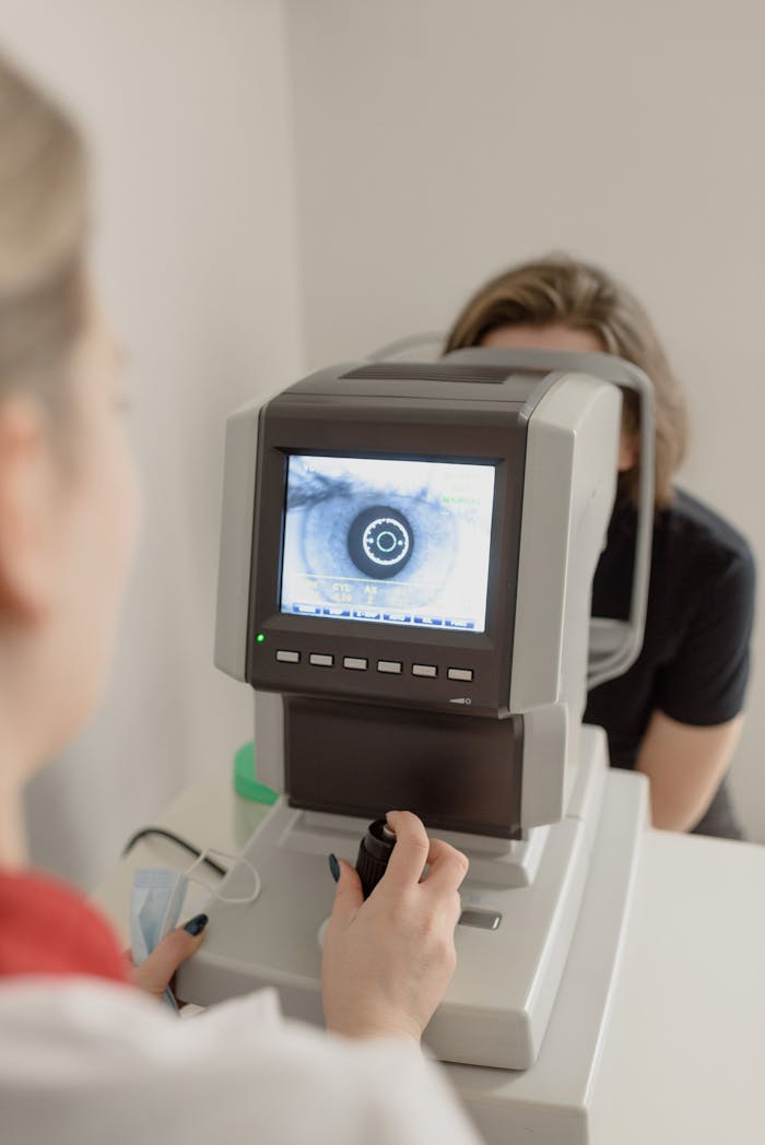 Close-up of eye diagnostic machine being used during an eye examination in a clinic setting.